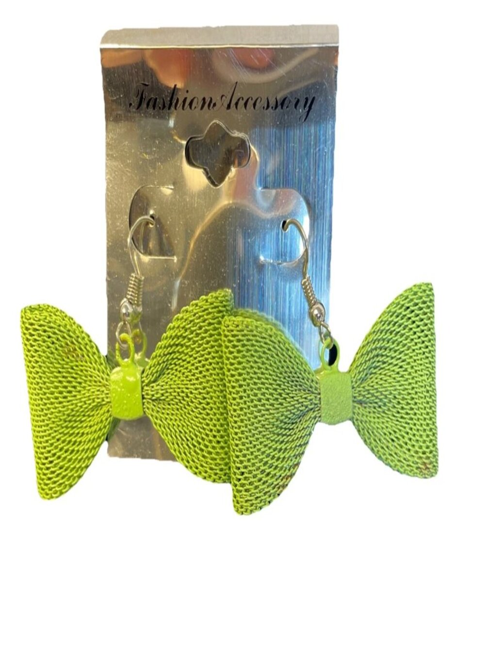 Green Mesh Bow Dangle Earrings Lime Waffle Knit Fashion Jewelry Cute